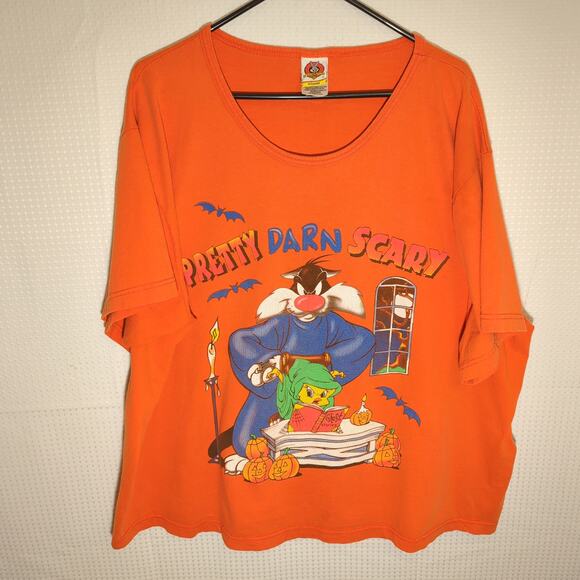 1999 Looney Tunes Halloween Tee 26W 28W Sylvester Tweety Plus Size Orange Shirt - Picture 1 of 6